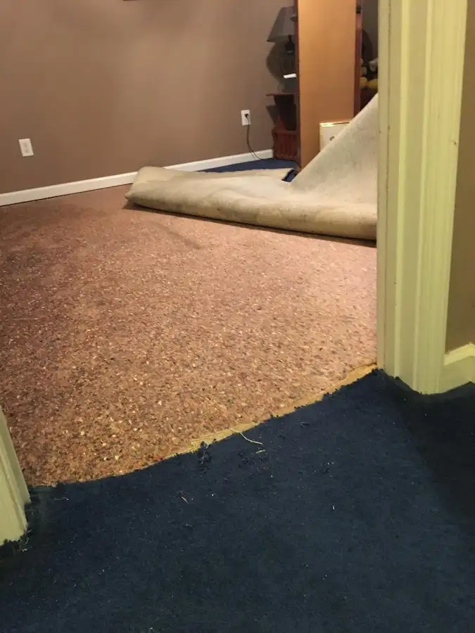 Carpet pad removal revealing water damage during Drying & Dehumidification in Lancaster